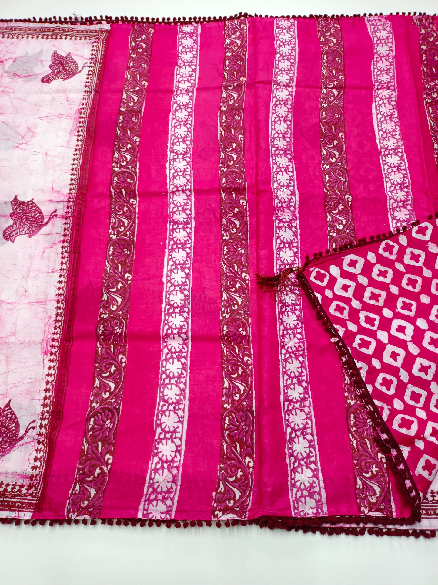 FANCY PRINTED COTTON WITH POM POM BORDER SAREE