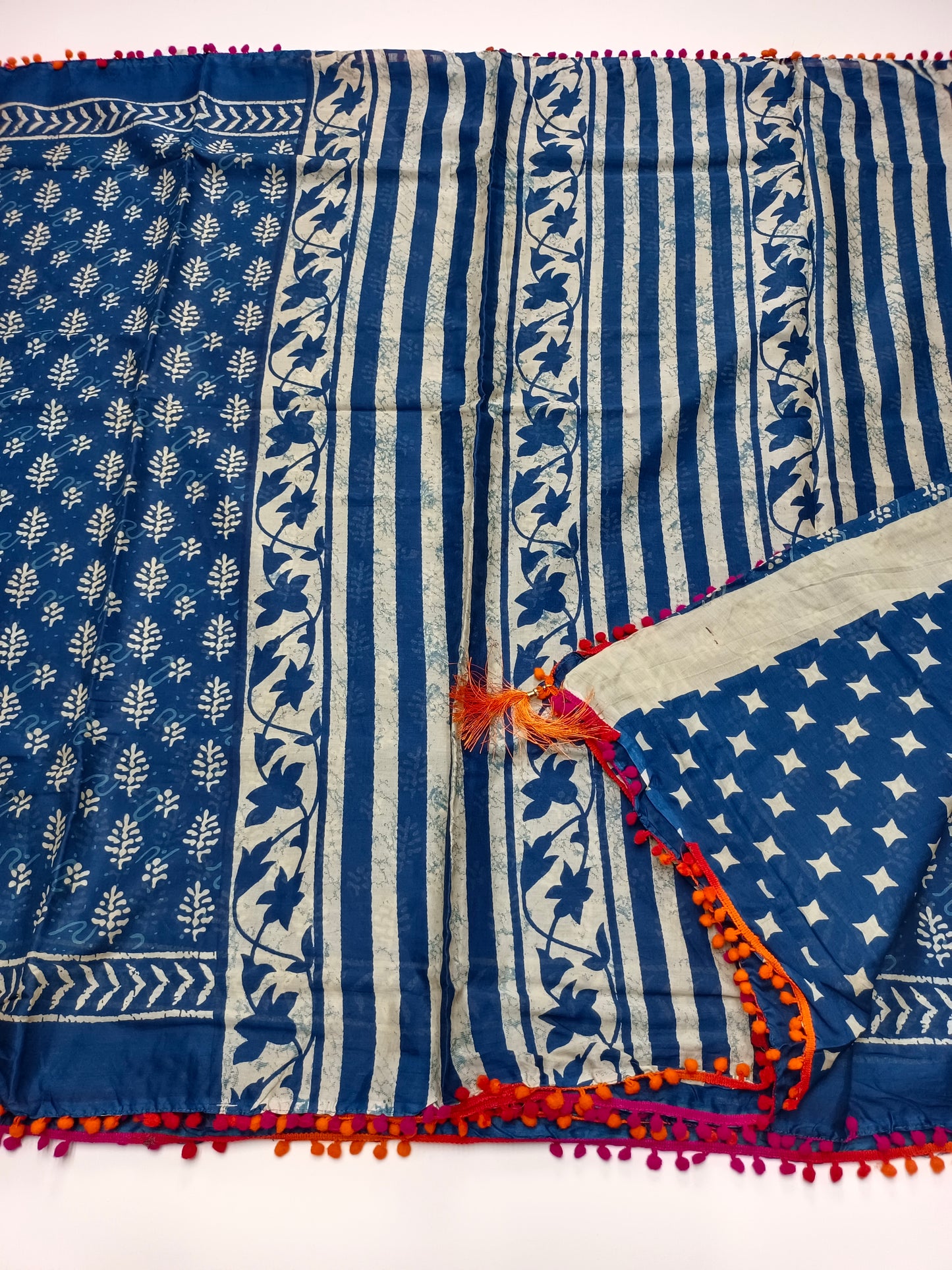 FANCY PRINTED COTTON WITH POM POM BORDER SAREE