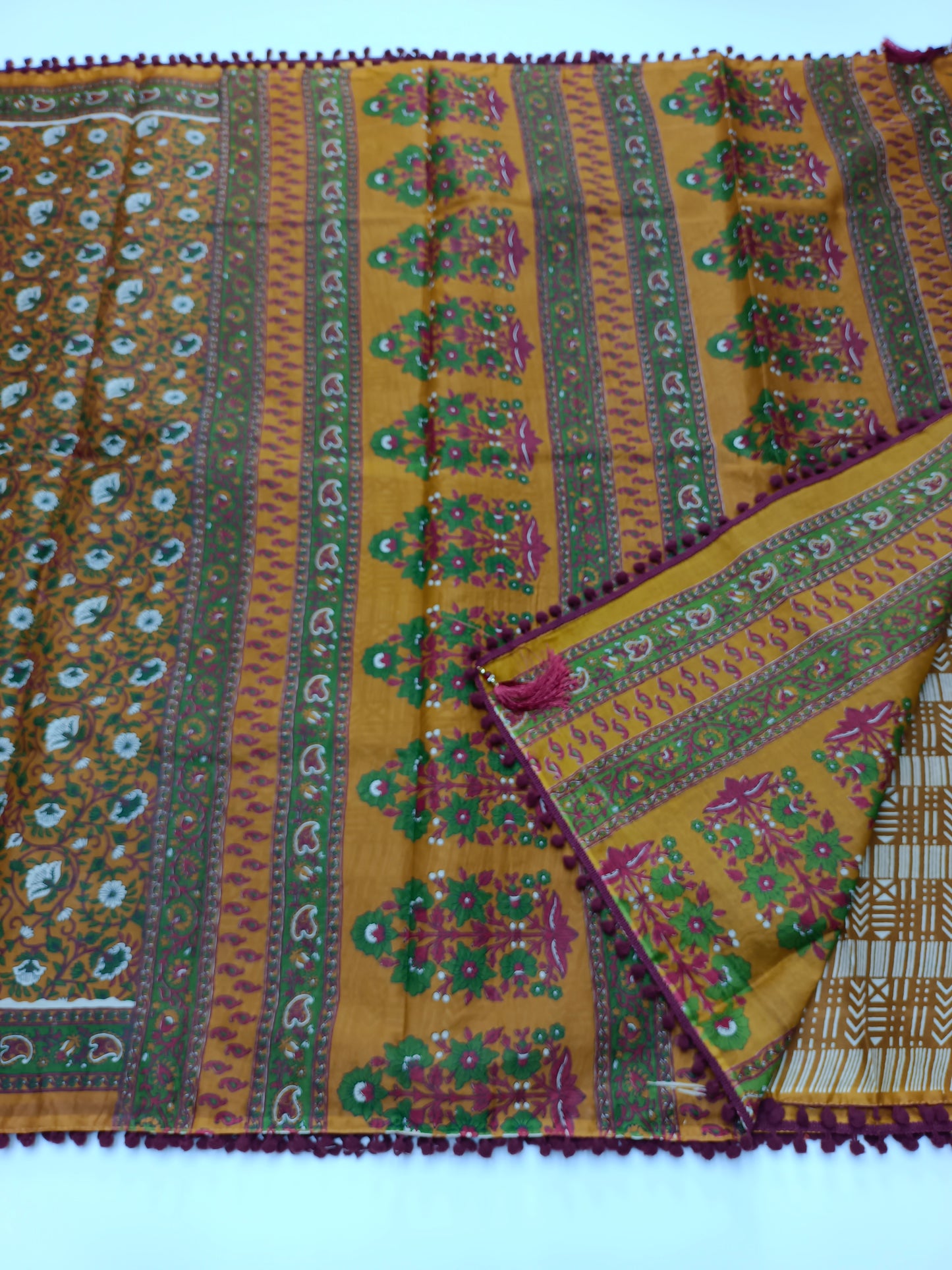 FANCY PRINTED COTTON WITH POM POM BORDER SAREE