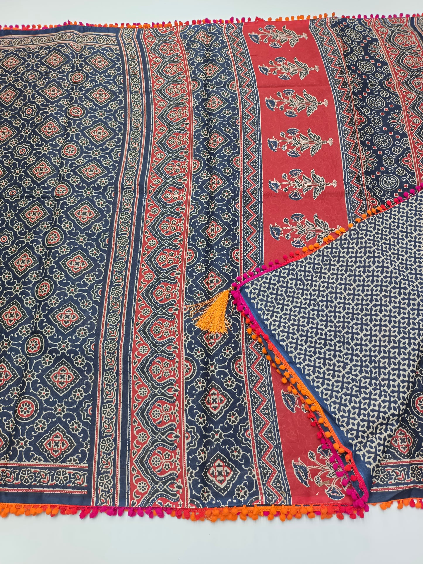 FANCY PRINTED COTTON WITH POM POM BORDER SAREE
