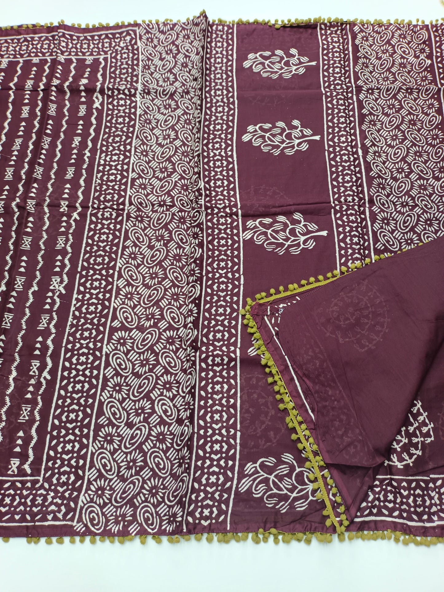 FANCY PRINTED COTTON WITH POM POM BORDER SAREE