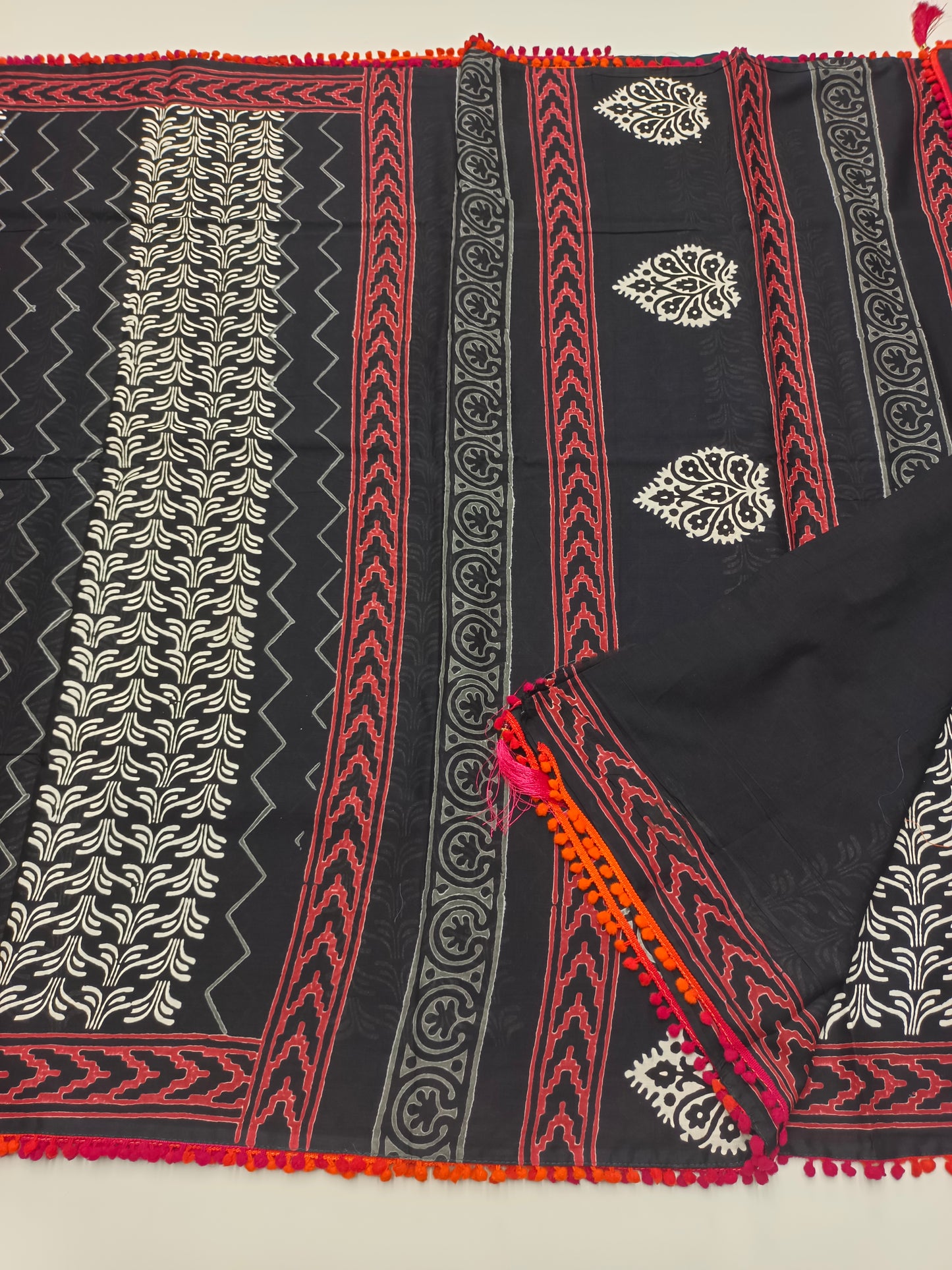 FANCY PRINTED COTTON WITH POM POM BORDER SAREE