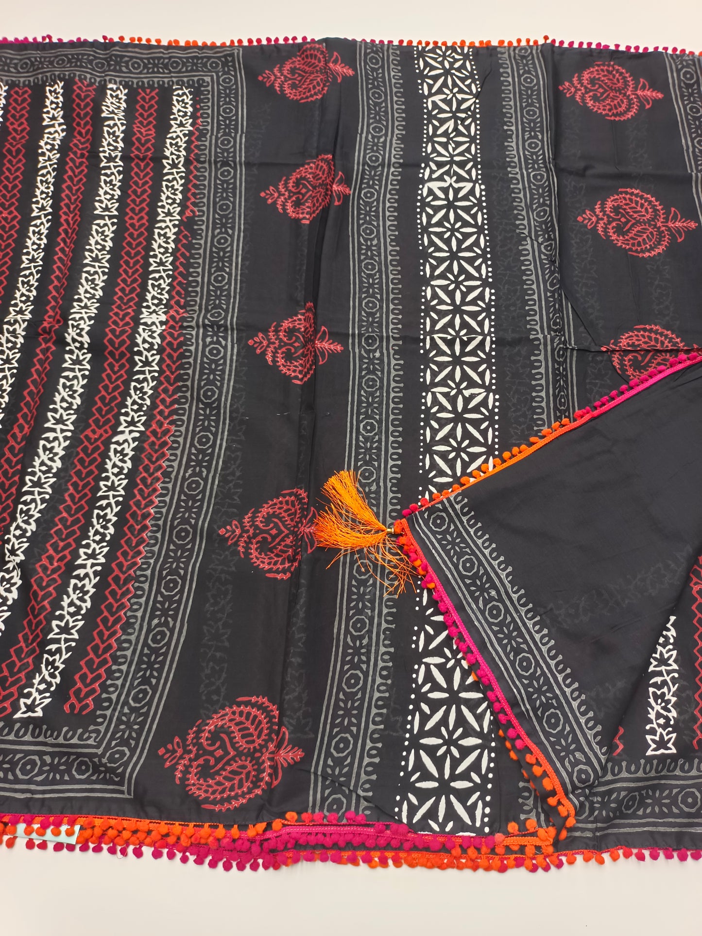 FANCY PRINTED COTTON WITH POM POM BORDER SAREE