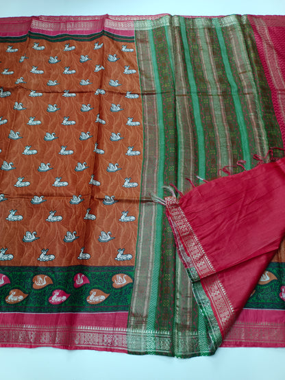 FANCY PRINTED TUSSER BHAGALPURI SAREE