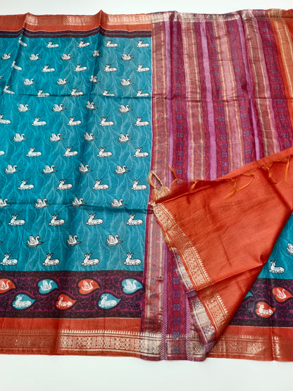 FANCY PRINTED TUSSER BHAGALPURI SAREE