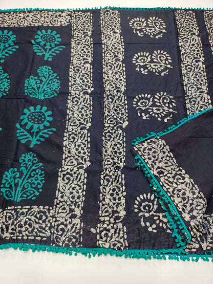 FANCY PRINTED COTTON WITH POM POM BORDER SAREE