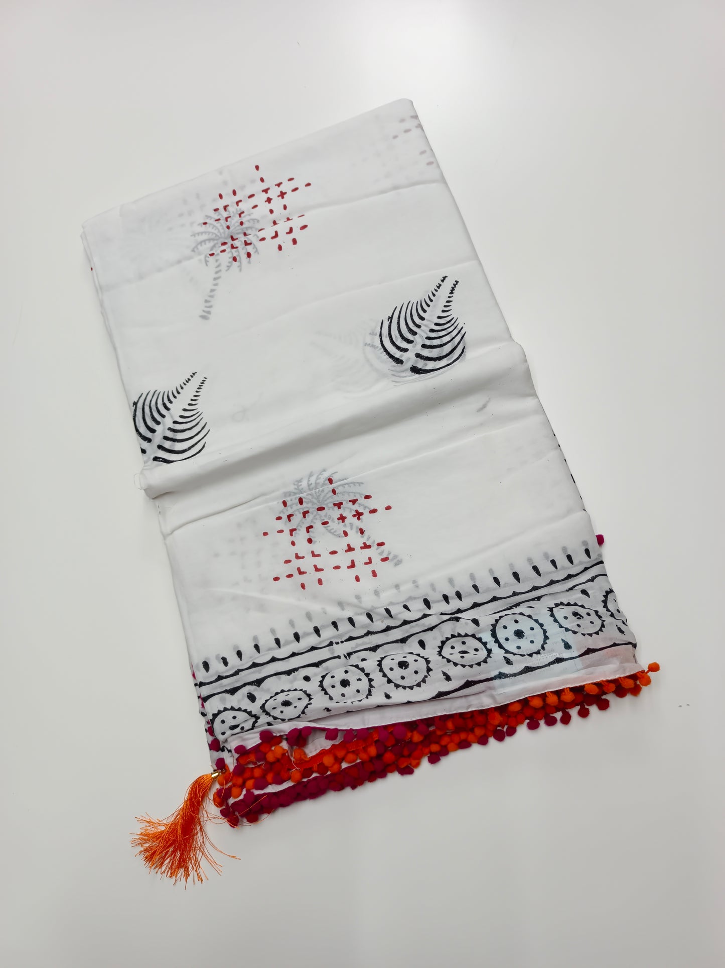 FANCY PRINTED COTTON WITH POM POM BORDER SAREE