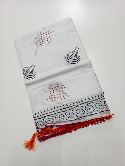 FANCY PRINTED COTTON WITH POM POM BORDER SAREE