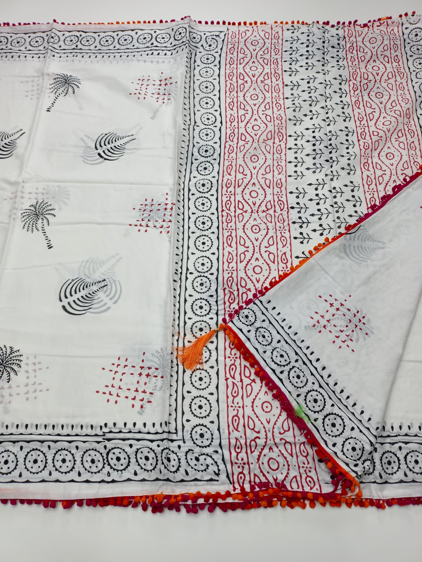 FANCY PRINTED COTTON WITH POM POM BORDER SAREE
