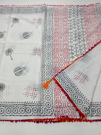 FANCY PRINTED COTTON WITH POM POM BORDER SAREE