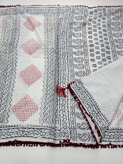FANCY PRINTED COTTON WITH POM POM BORDER SAREE
