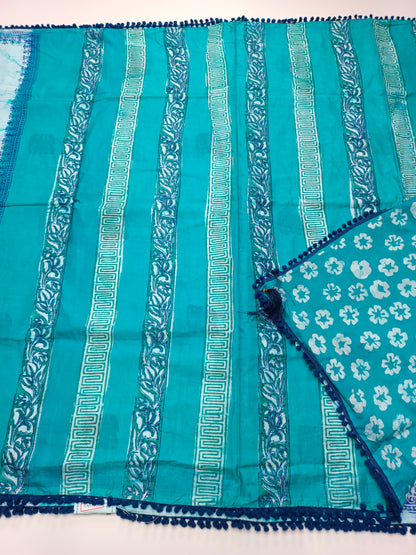 FANCY PRINTED COTTON WITH POM POM BORDER SAREE