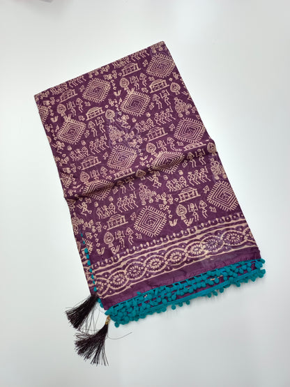 FANCY PRINTED COTTON WITH POM POM BORDER SAREE