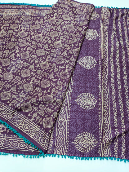 FANCY PRINTED COTTON WITH POM POM BORDER SAREE