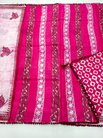FANCY PRINTED COTTON WITH POM POM BORDER SAREE