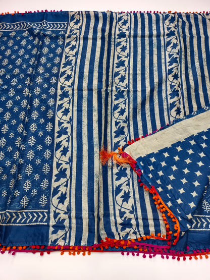 FANCY PRINTED COTTON WITH POM POM BORDER SAREE