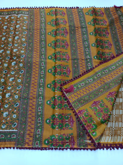 FANCY PRINTED COTTON WITH POM POM BORDER SAREE