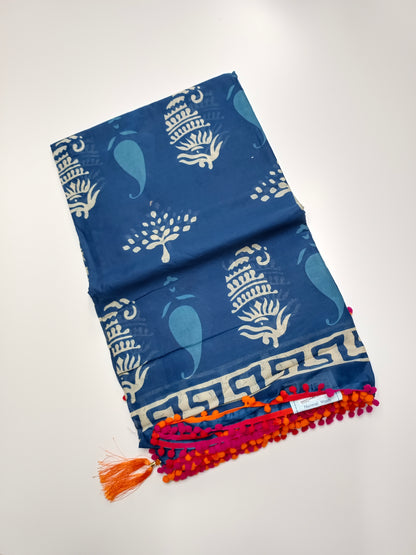 FANCY PRINTED COTTON WITH POM POM BORDER SAREE