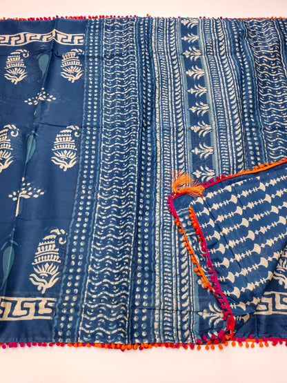 FANCY PRINTED COTTON WITH POM POM BORDER SAREE
