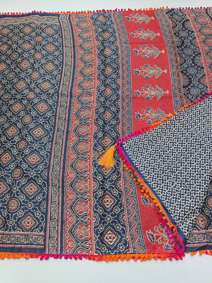 FANCY PRINTED COTTON WITH POM POM BORDER SAREE
