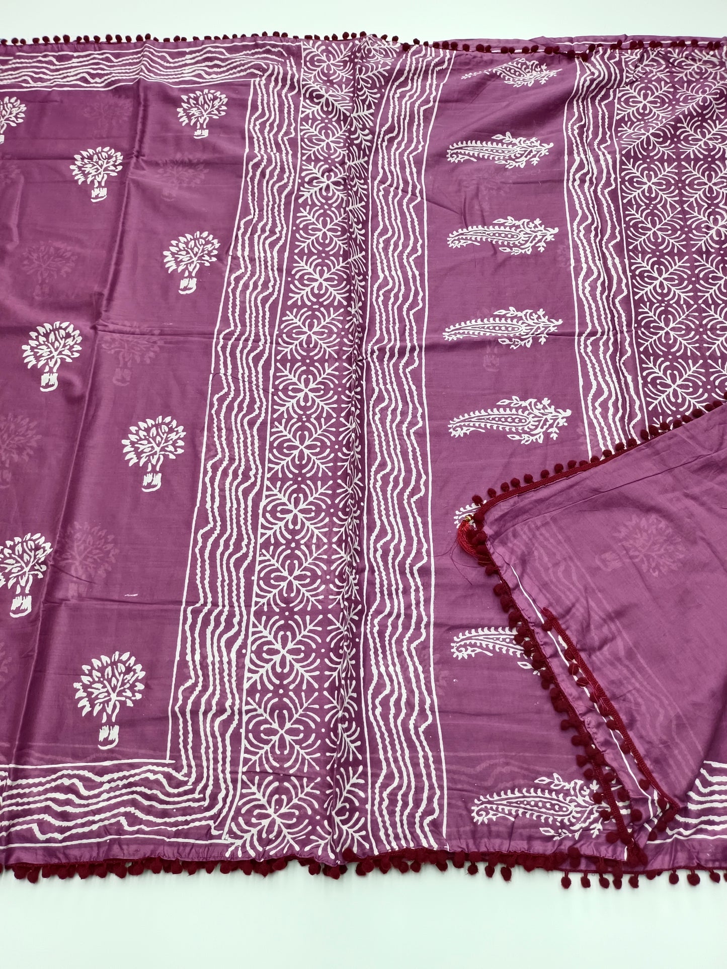 FANCY PRINTED COTTON WITH POM POM BORDER SAREE