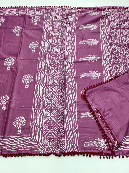 FANCY PRINTED COTTON WITH POM POM BORDER SAREE