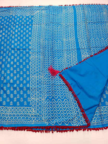 FANCY PRINTED COTTON WITH POM POM BORDER SAREE