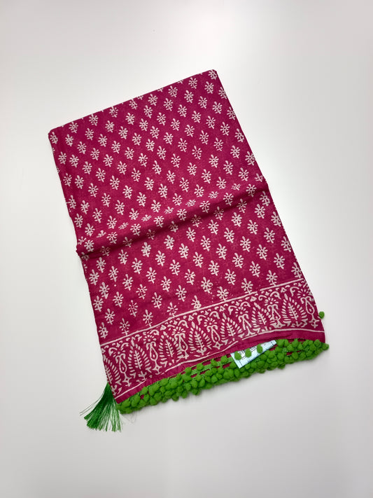 FANCY PRINTED COTTON WITH POM POM BORDER SAREE