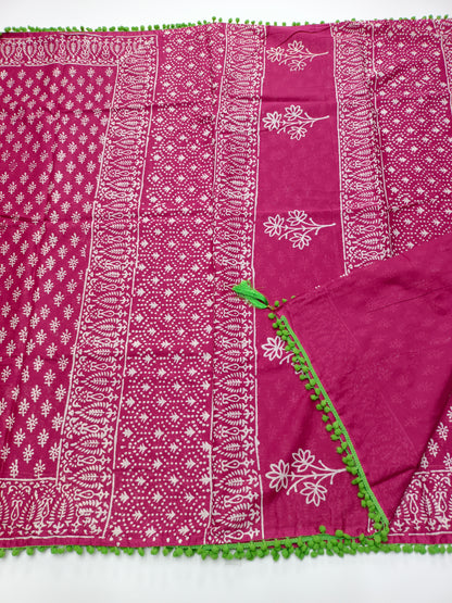 FANCY PRINTED COTTON WITH POM POM BORDER SAREE