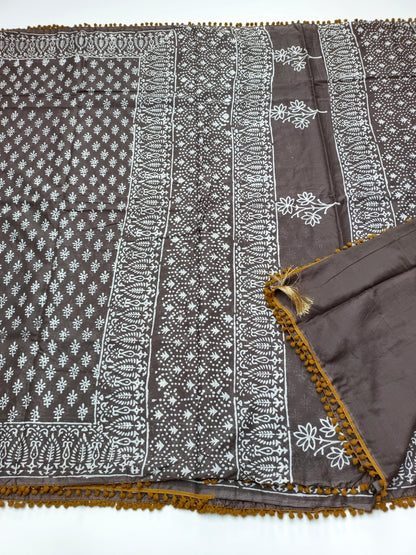 FANCY PRINTED COTTON WITH POM POM BORDER SAREE