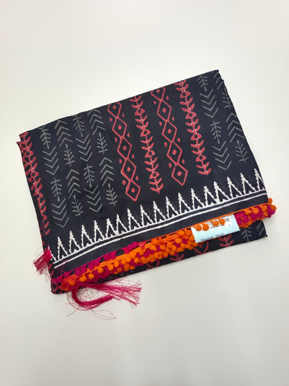FANCY PRINTED COTTON WITH POM POM BORDER SAREE