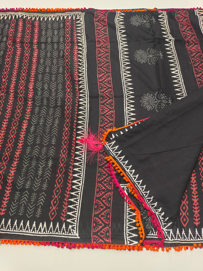 FANCY PRINTED COTTON WITH POM POM BORDER SAREE