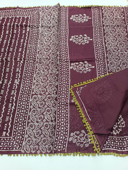 FANCY PRINTED COTTON WITH POM POM BORDER SAREE