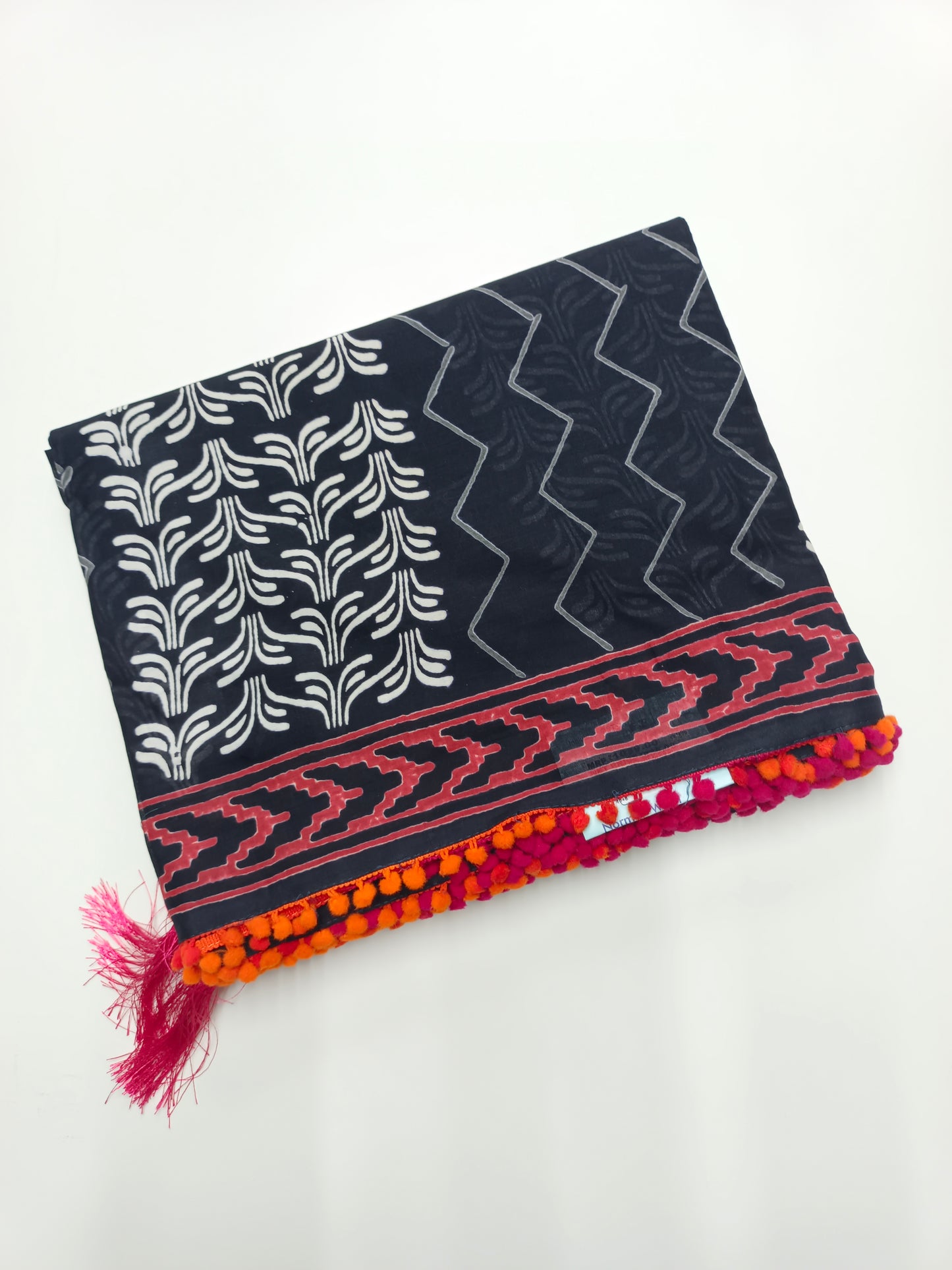 FANCY PRINTED COTTON WITH POM POM BORDER SAREE