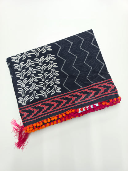 FANCY PRINTED COTTON WITH POM POM BORDER SAREE