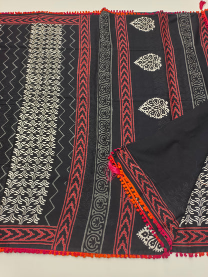 FANCY PRINTED COTTON WITH POM POM BORDER SAREE