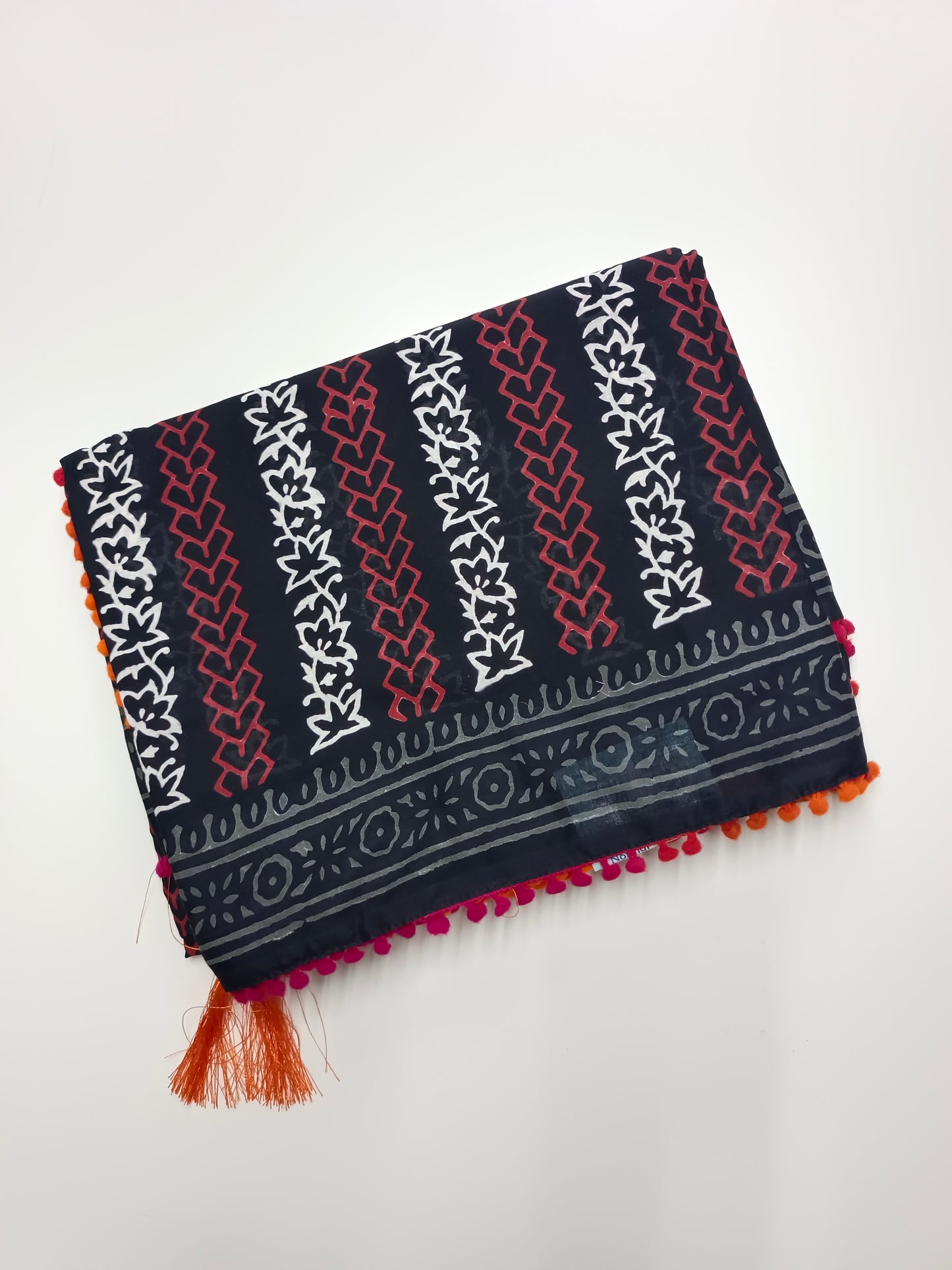FANCY PRINTED COTTON WITH POM POM BORDER SAREE