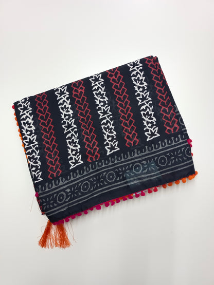 FANCY PRINTED COTTON WITH POM POM BORDER SAREE