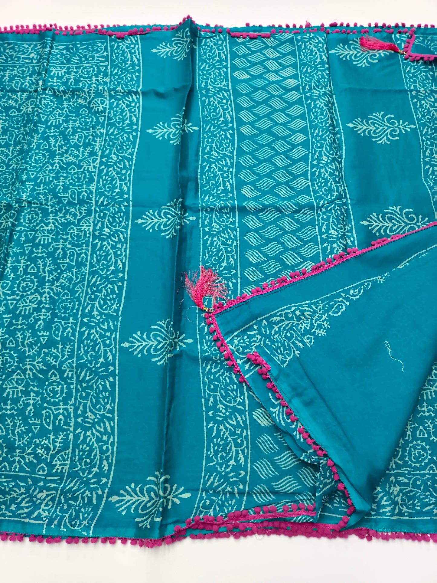 FANCY PRINTED COTTON WITH POM POM BORDER SAREE