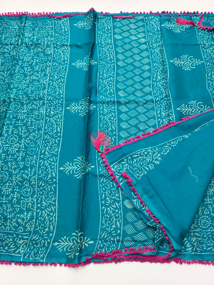 FANCY PRINTED COTTON WITH POM POM BORDER SAREE
