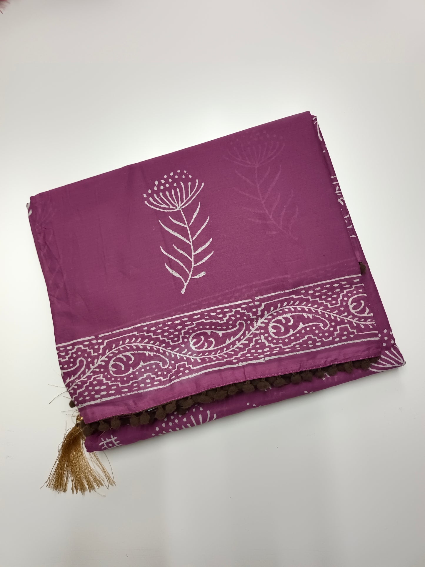 FANCY PRINTED COTTON WITH POM POM BORDER SAREE