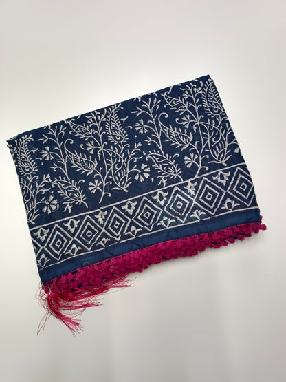 FANCY PRINTED COTTON WITH POM POM BORDER SAREE