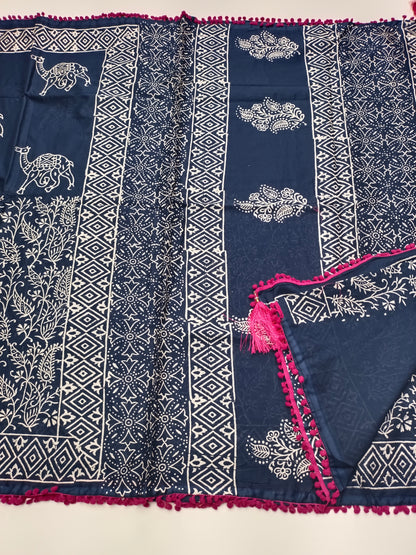 FANCY PRINTED COTTON WITH POM POM BORDER SAREE