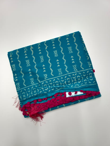 FANCY PRINTED COTTON WITH POM POM BORDER SAREE