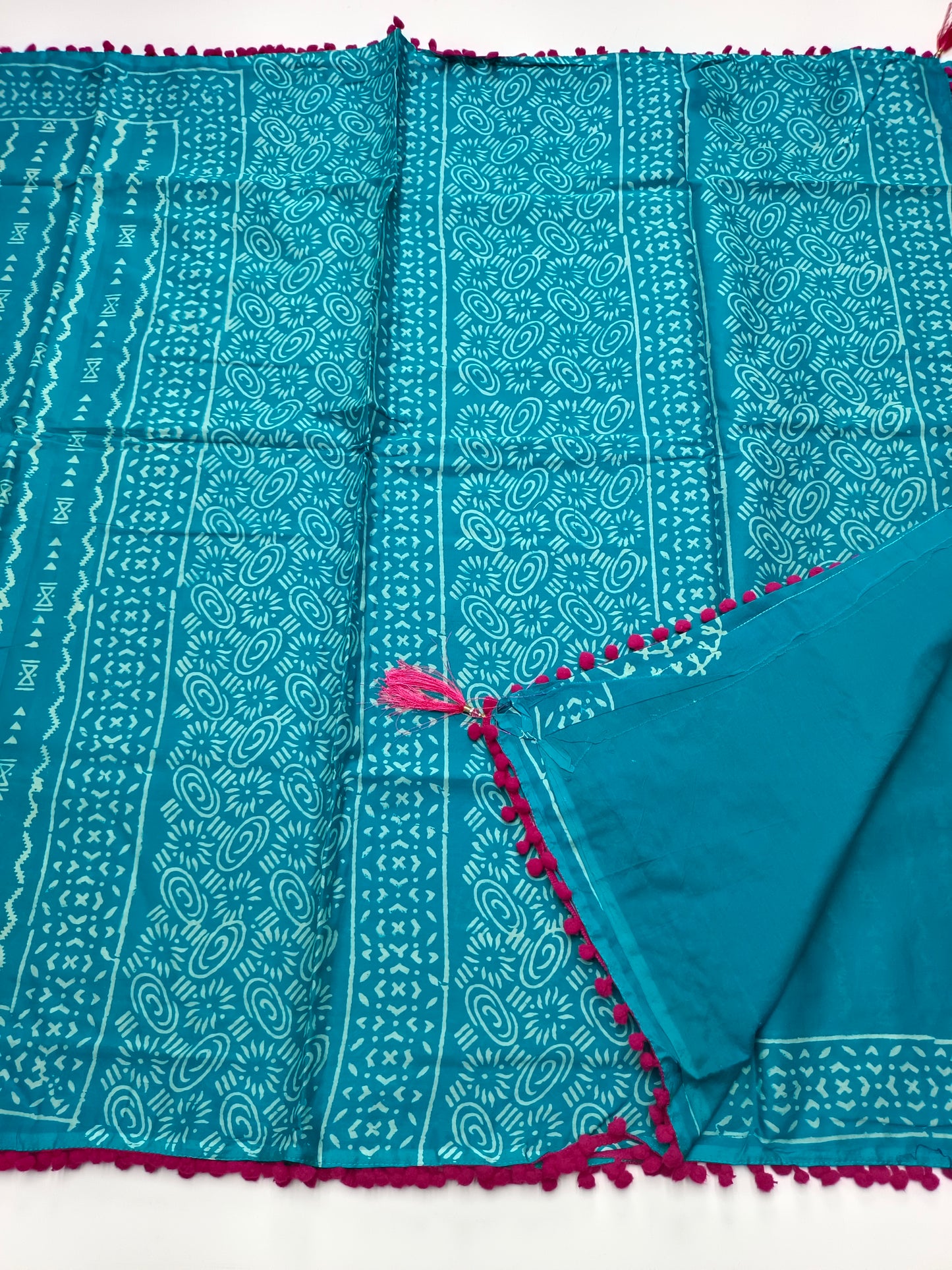 FANCY PRINTED COTTON WITH POM POM BORDER SAREE