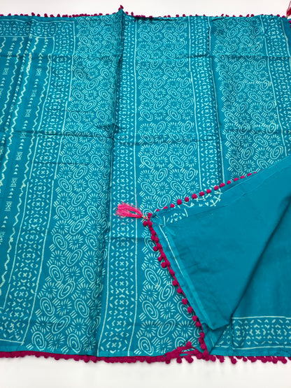 FANCY PRINTED COTTON WITH POM POM BORDER SAREE