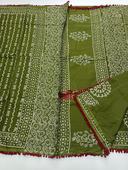 FANCY PRINTED COTTON WITH POM POM BORDER SAREE