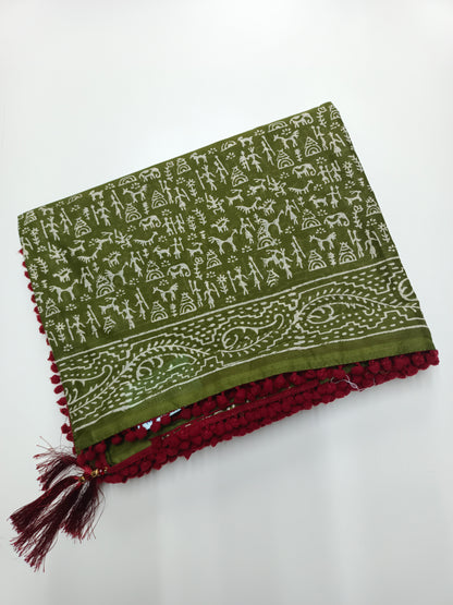 FANCY PRINTED COTTON WITH POM POM BORDER SAREE