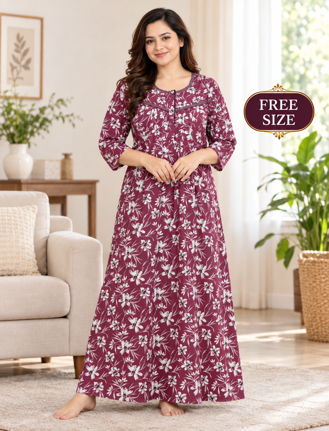 PURE COTTON LADIES NIGHTY (3/4 SLEEVES)