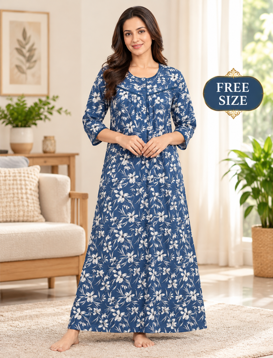 PURE COTTON LADIES NIGHTY (3/4 SLEEVES)